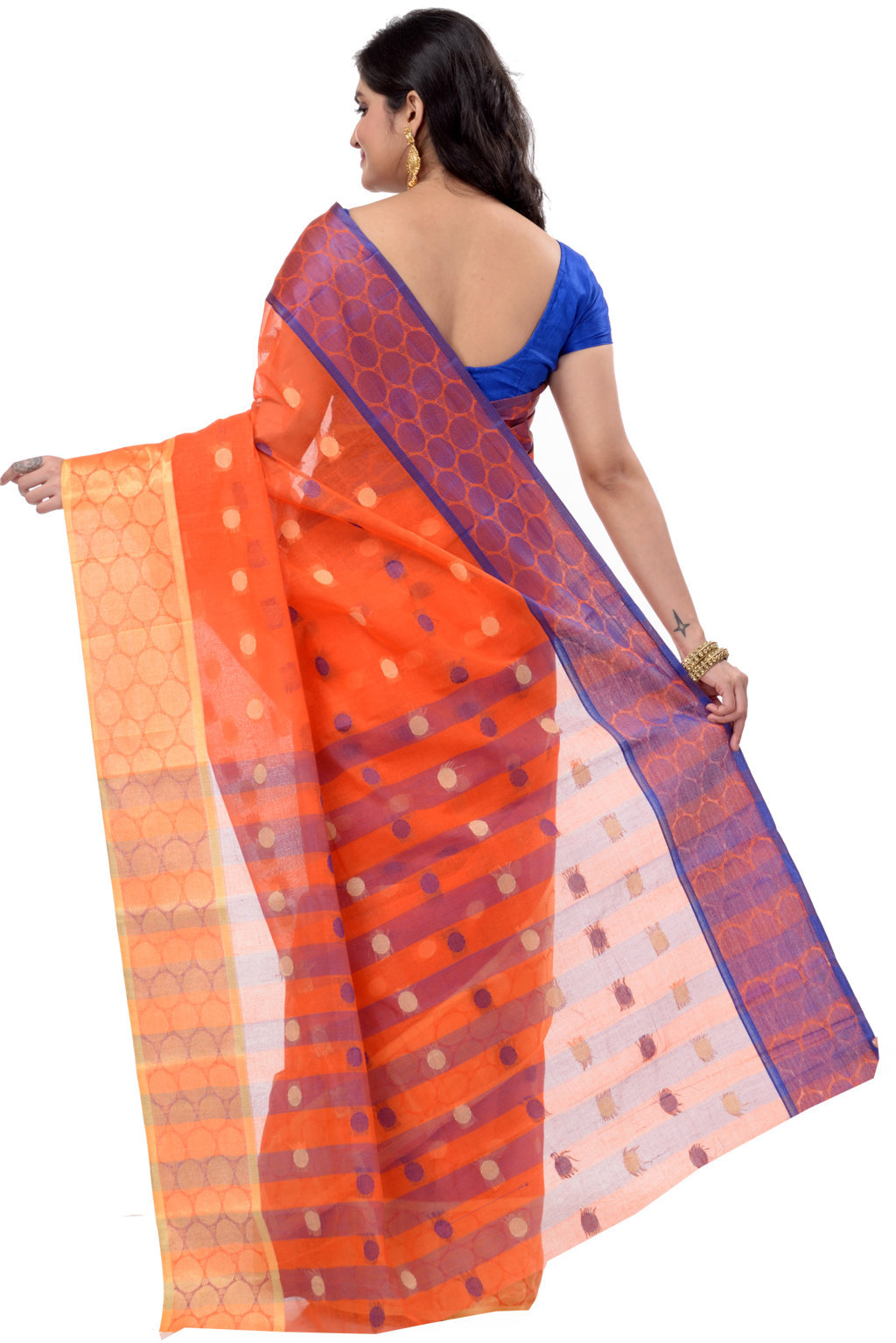Orange Pure Cotton Ganga Jamuna Tant Saree (1864)